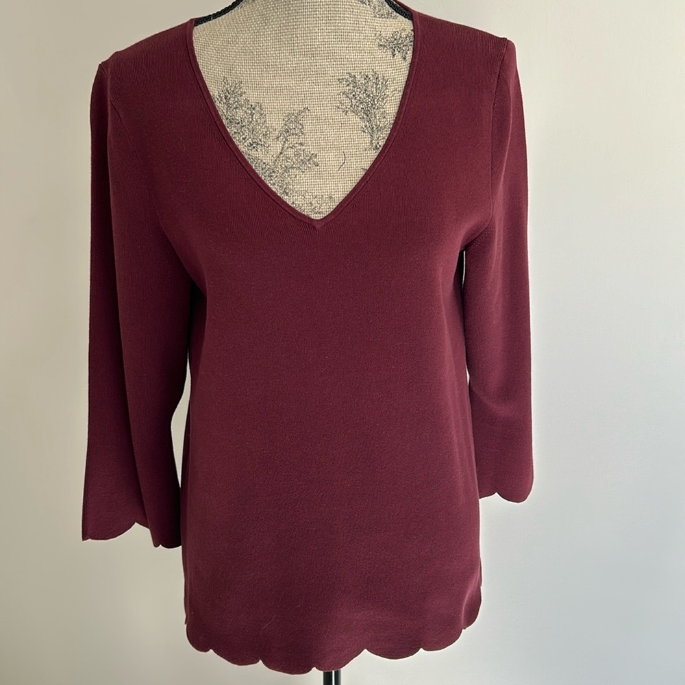 Talbots Cotton Blend VNeck Scallop Edge Burgundy Pullover 3/4 Sleeve Sweater Lge